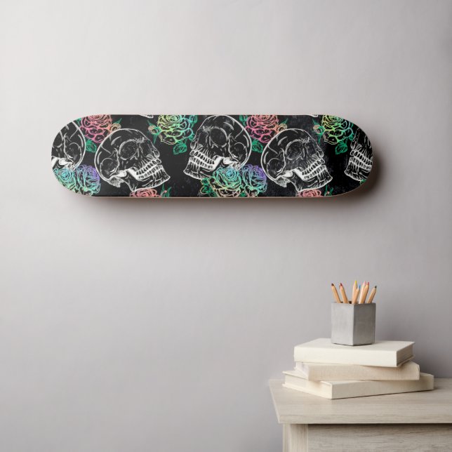 Skulls and Ombre Roses | Gothic Glam Pastel Grunge Skateboard (Wall Art (Horz))