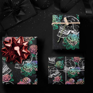 Skulls and Ombre Roses   Gothic Glam Pastel Grunge Wrapping Paper Sheet