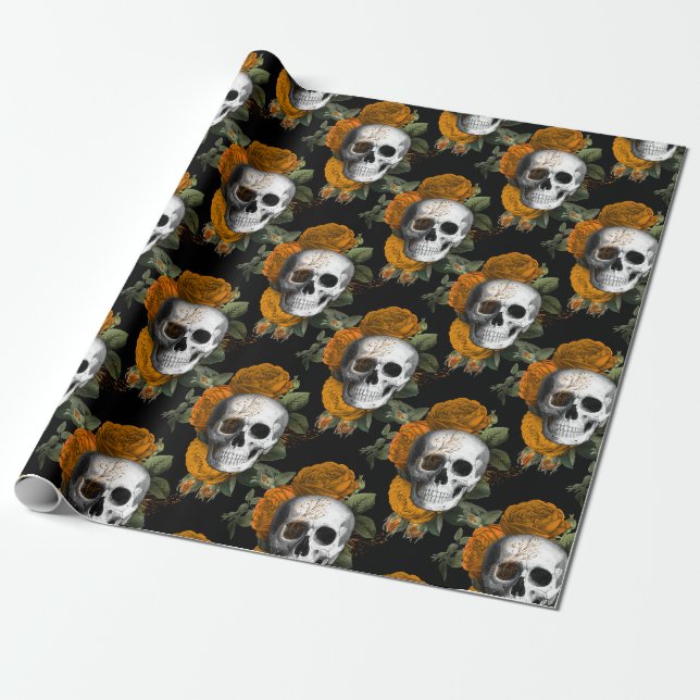 Skulls and Orange Flowers on Black Wrapping Paper (Unrolled)