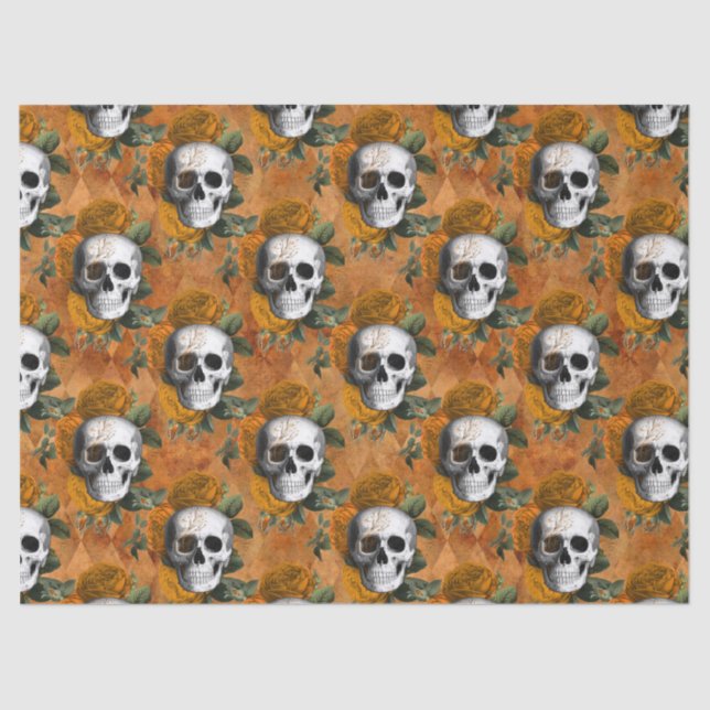 Skulls and Orange Flowers on Orange Decoupage Tissue Paper (Front)