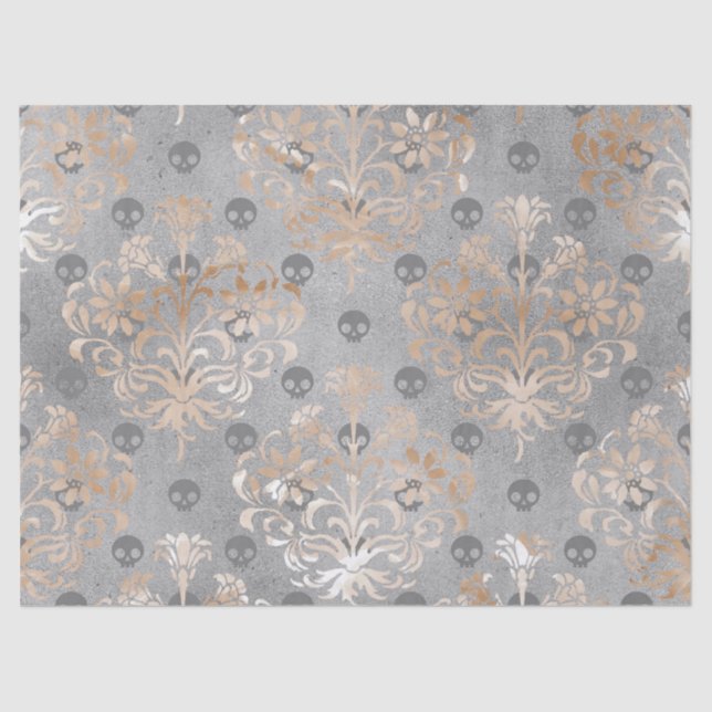 Skulls and Peach Damask on Grey Decoupage Tissue Paper (Front)