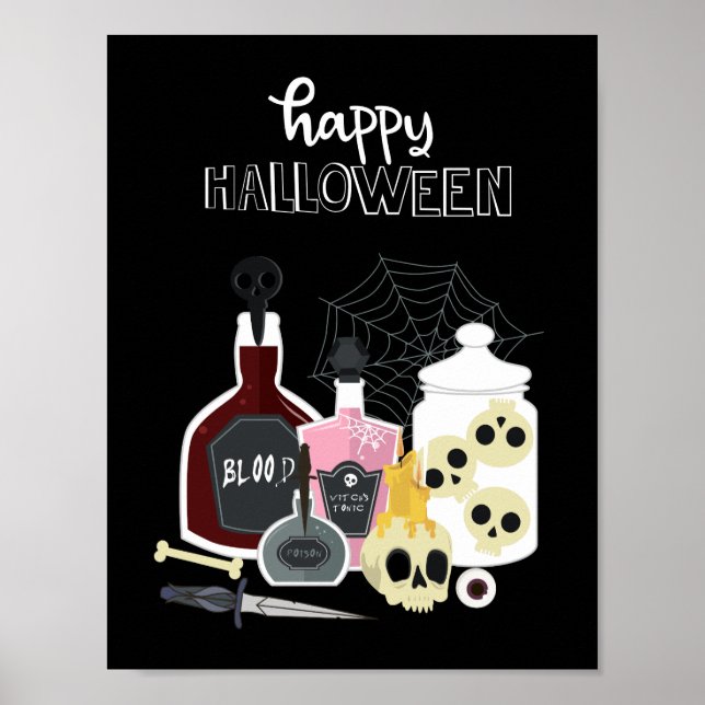 Skulls and Potions Illustrations Happy Halloween Poster (Front)