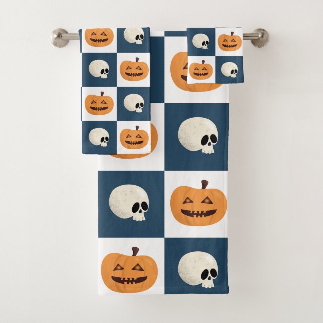 Skulls and Pumpkins Checks Bath Towel Set (Insitu)
