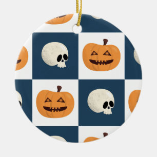 Skulls and Pumpkins Checks Ceramic Tree Decoration