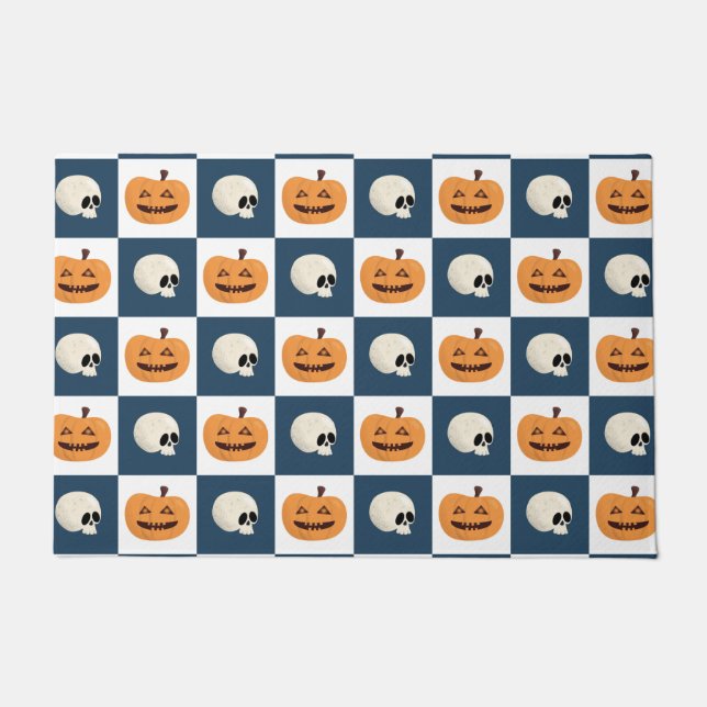 Skulls and Pumpkins Checks Doormat (Front)