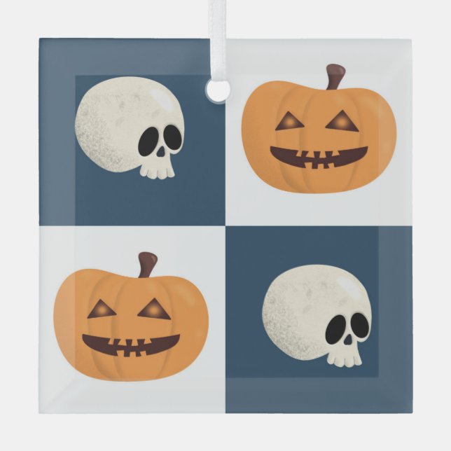 Skulls and Pumpkins Checks Glass Tree Decoration (Front)