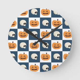 Skulls and Pumpkins Checks Round Clock