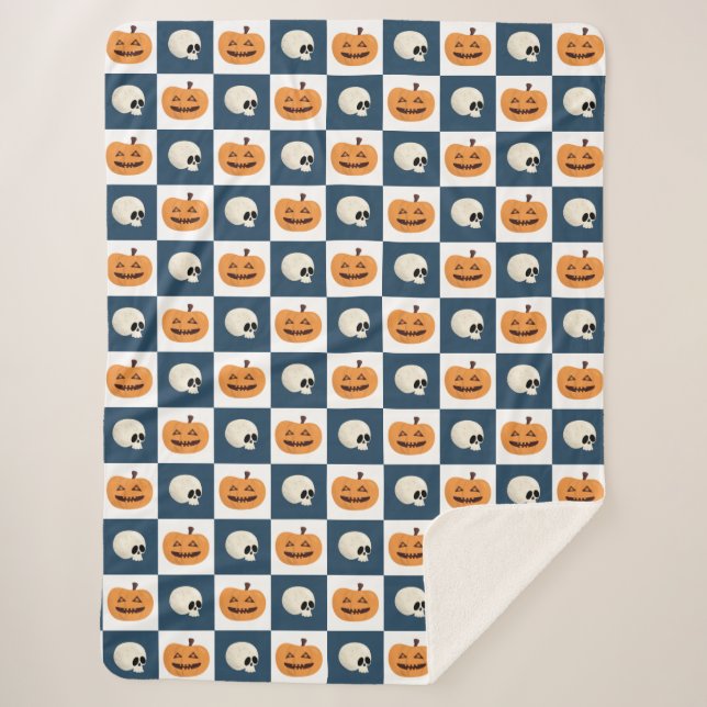 Skulls and Pumpkins Checks Sherpa Blanket (Front)