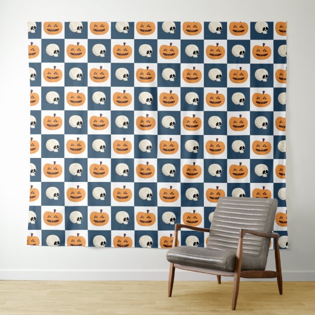 Skulls and Pumpkins Checks Tapestry (In Situ (Horizontal))