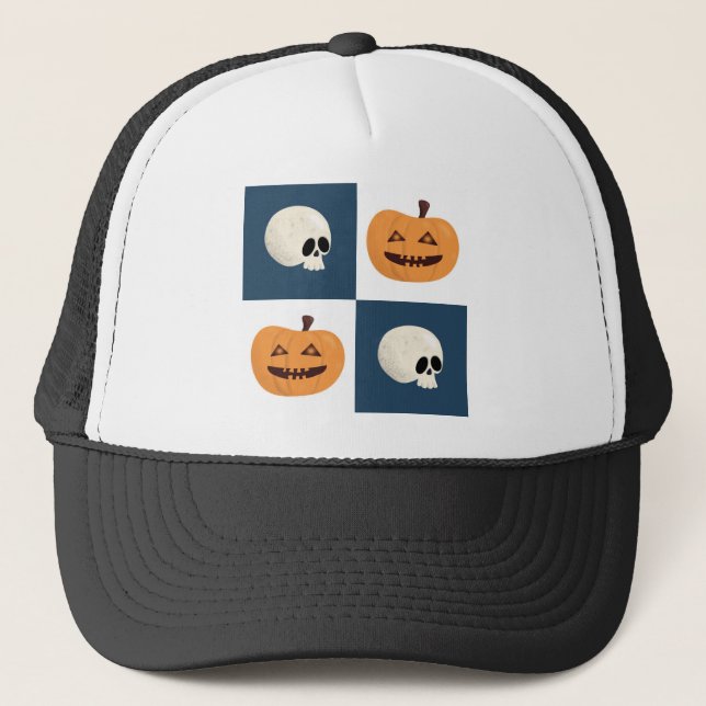 Skulls and Pumpkins Checks Trucker Hat (Front)