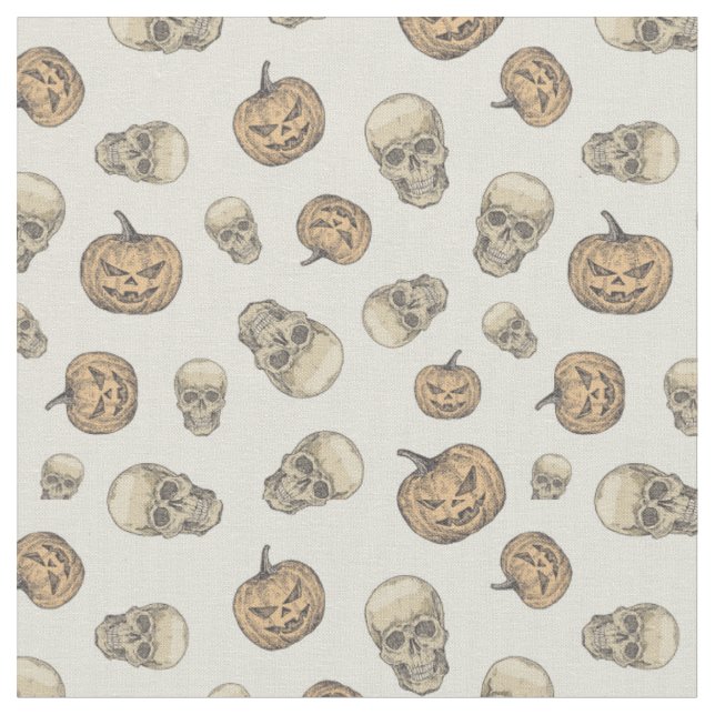 Skulls and Pumpkins Halloween Pattern Fabric (Close Up)