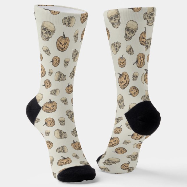 Skulls and Pumpkins Halloween Pattern Socks (Angled)