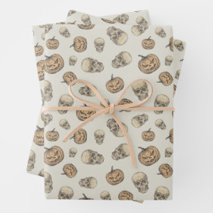 Skulls and Pumpkins Halloween Pattern Wrapping Paper Sheet