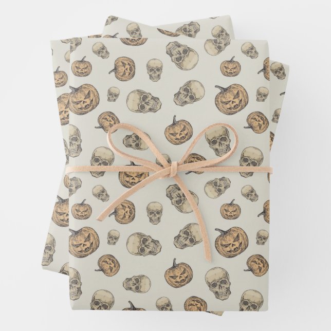 Skulls and Pumpkins Halloween Pattern Wrapping Paper Sheet (In situ)