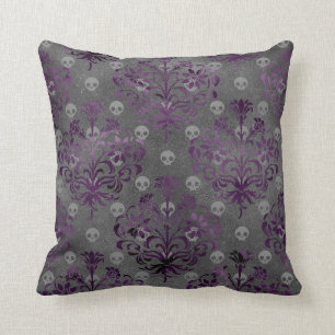 Skulls and Purple Damask on Grey Cushion