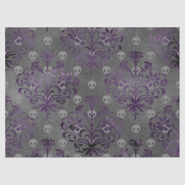 Skulls and Purple Damask on Grey Decoupage Tissue Paper (Front)