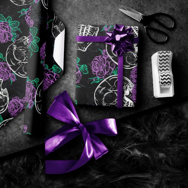 Skulls and Purple Roses | Dark Gothic Grunge Glam Wrapping Paper (Creator Uploaded)