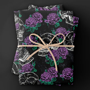 Skulls and Purple Roses   Dark Gothic Grunge Glam Wrapping Paper Sheet
