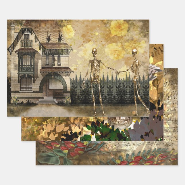 Skulls and Raven Creepy Wrapping Paper Sheet (Set)