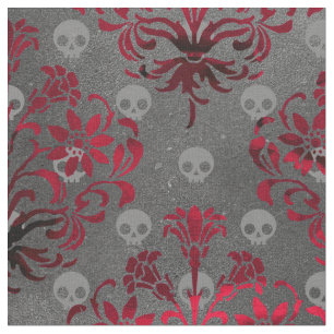 Skulls and Red Damask on Grey Fabric