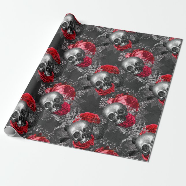 Skulls and Red Flowers on Grey Wrapping Paper (Unrolled)