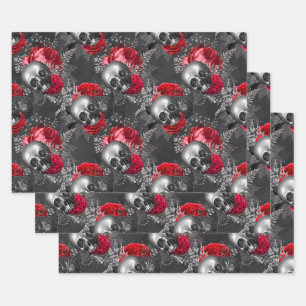 Skulls and Red Flowers on Grey Wrapping Paper Sheet