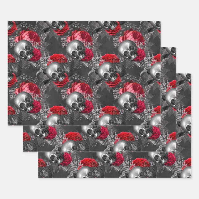 Skulls and Red Flowers on Grey Wrapping Paper Sheet (Set)