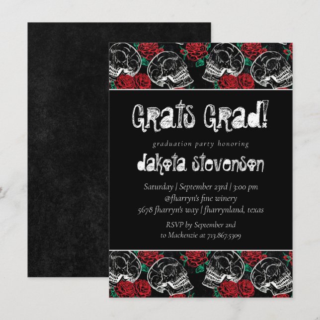 Skulls and Red Roses | Modern Glam Goth Graduation Invitation (Front/Back)
