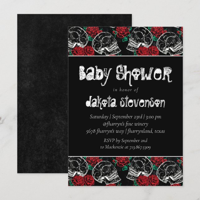 Skulls and Red Roses | Modern Gothic Baby Shower Invitation (Front/Back)