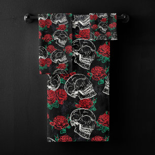 Skulls and Red Roses   Modern Gothic Glam Grunge Bath Towel Set