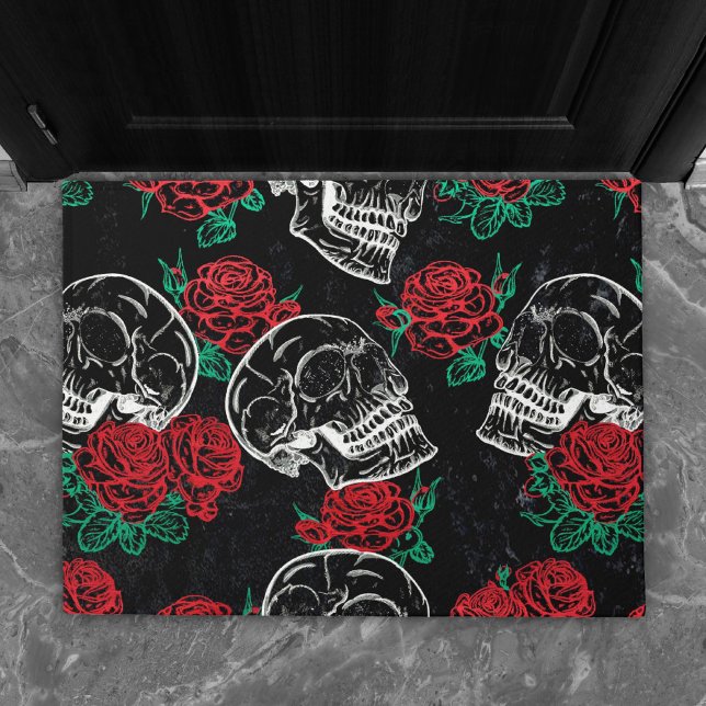 Skulls and Red Roses | Modern Gothic Glam Grunge Doormat (Creator Uploaded)
