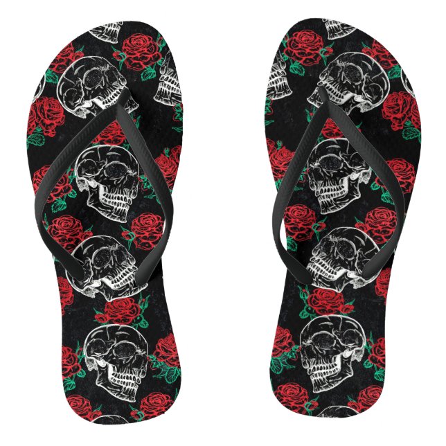 Skulls and Red Roses | Modern Gothic Glam Grunge Flip Flops (Footbed)