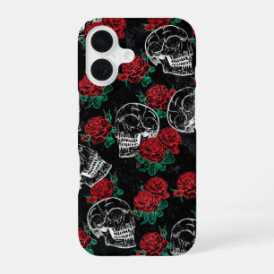 Skulls and Red Roses   Modern Gothic Glam Grunge iPhone 16 Case
