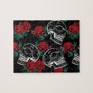 Skulls and Red Roses Modern Gothic Glam Grunge Jigsaw Puzzle