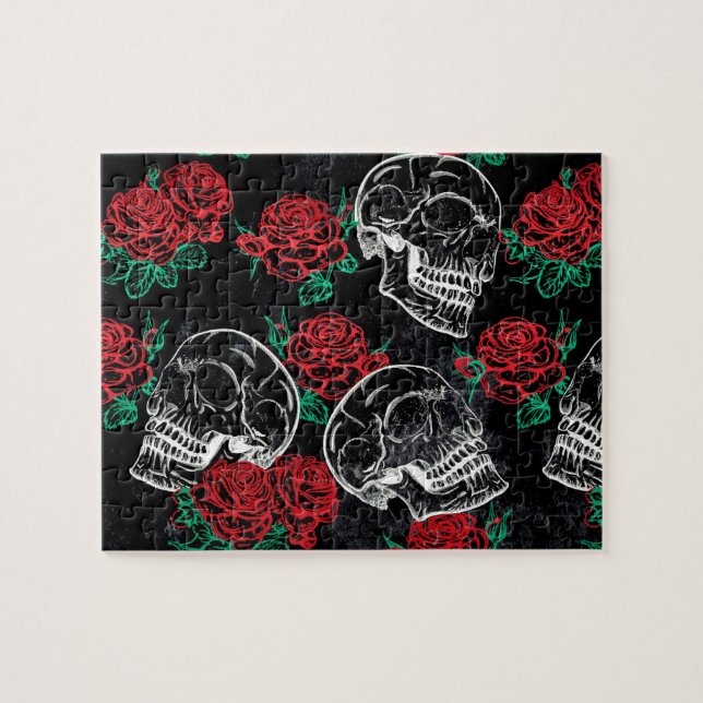 Skulls and Red Roses | Modern Gothic Glam Grunge Jigsaw Puzzle (Horizontal)