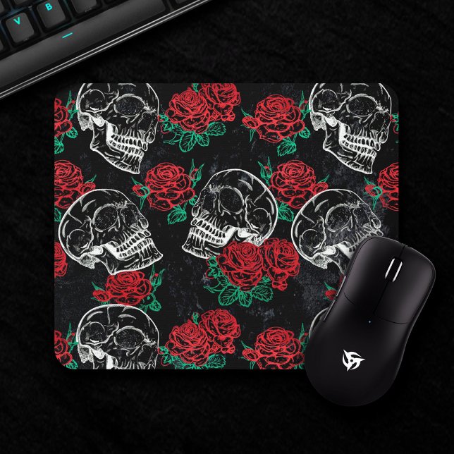 Skulls and Red Roses | Modern Gothic Glam Grunge Mouse Mat (Creator Uploaded)
