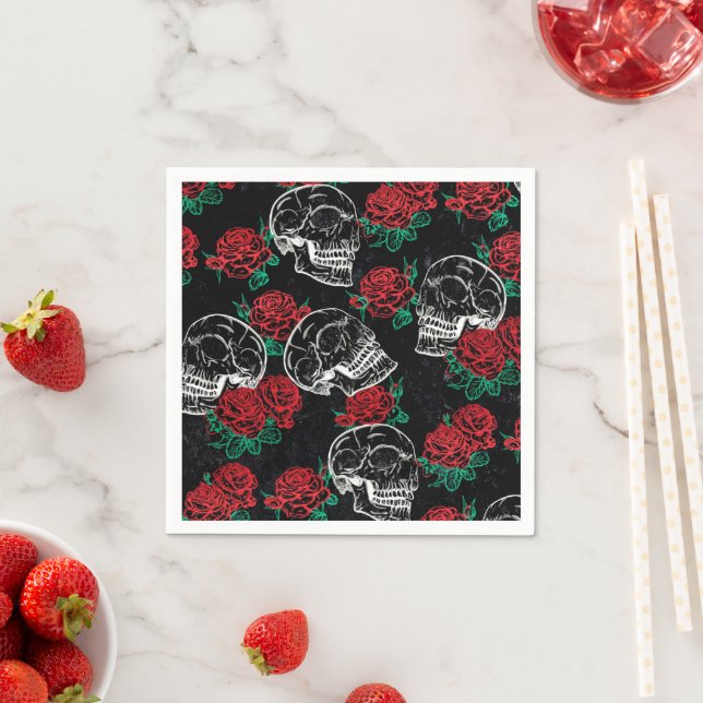 Skulls and Red Roses | Modern Gothic Glam Grunge Napkin (Insitu)