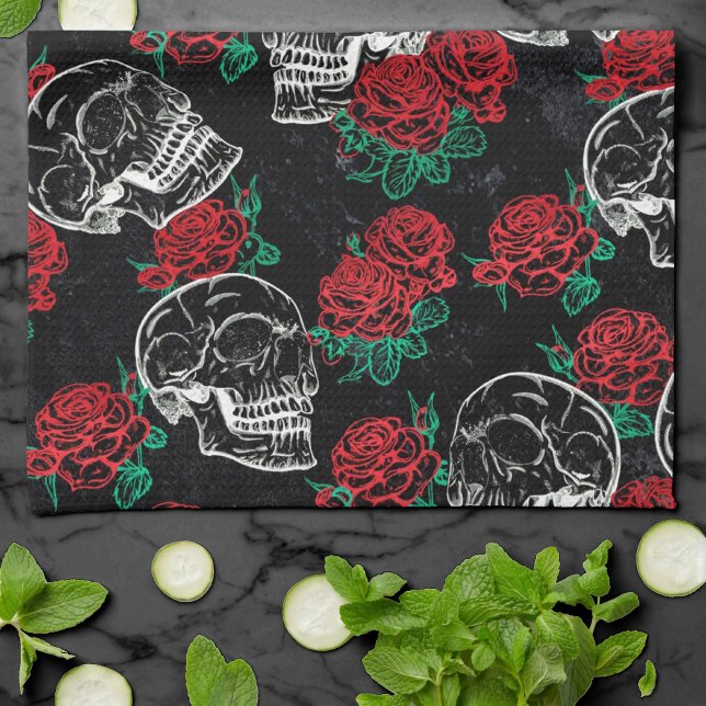Skulls and Red Roses | Modern Gothic Glam Grunge Tea Towel (Creator Uploaded)