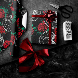 Skulls and Red Roses Modern Gothic Glam Grunge Wrapping Paper