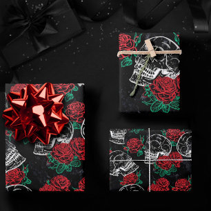 Skulls and Red Roses   Modern Gothic Glam Grunge Wrapping Paper Sheet