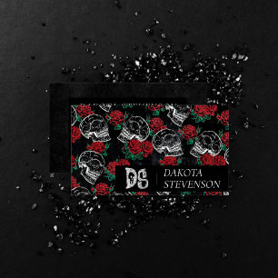 Skulls and Red Roses   Modern Gothic Glam Monogram Business Card