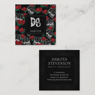 Skulls and Red Roses Modern Gothic Glam Monogram Square Business Card
