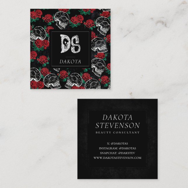 Skulls and Red Roses | Modern Gothic Glam Monogram Square Business Card (Front/Back)