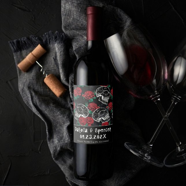 Skulls and Red Roses | Modern Gothic Thank You Wine Label (Creator Uploaded)