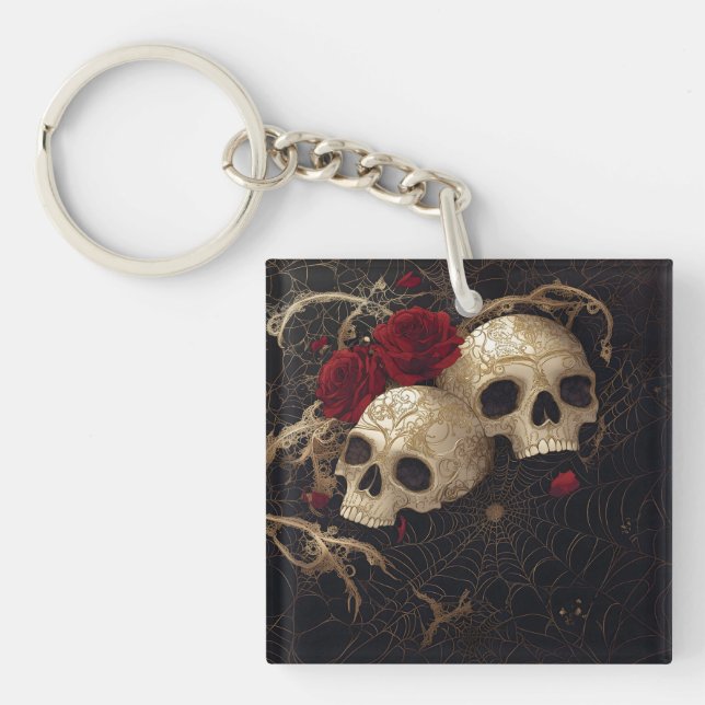 Skulls and red roses style design key ring (Front)