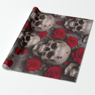 Skulls And Red Roses Wrapping Paper