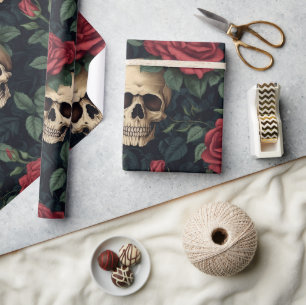 Skulls and Red Roses Wrapping Paper
