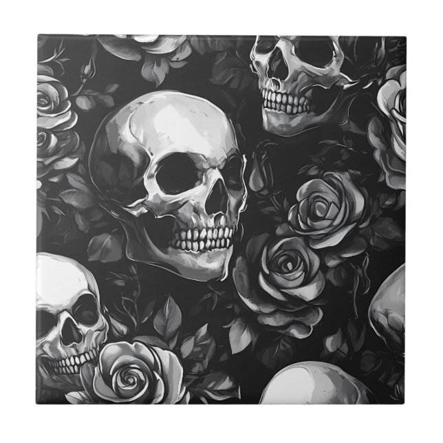 Skulls And Roses Black Gothic Tile (Front)