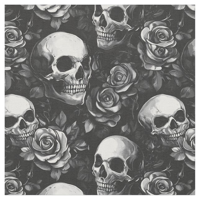 Skulls And Roses Black Halloween Fabric (Close Up)