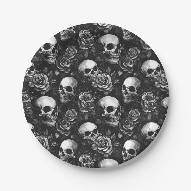Skulls And Roses Black Halloween Paper Plate (Front)